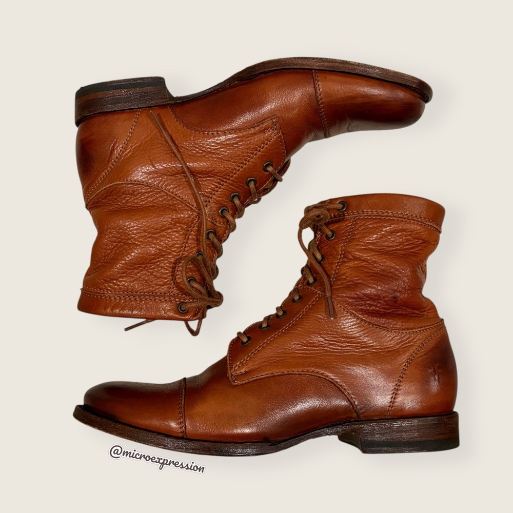 Frye Erin Lug Work Lace Up Combat Cognac Brown Leather Winter Fall Ankle Boot - Picture 8 of 15